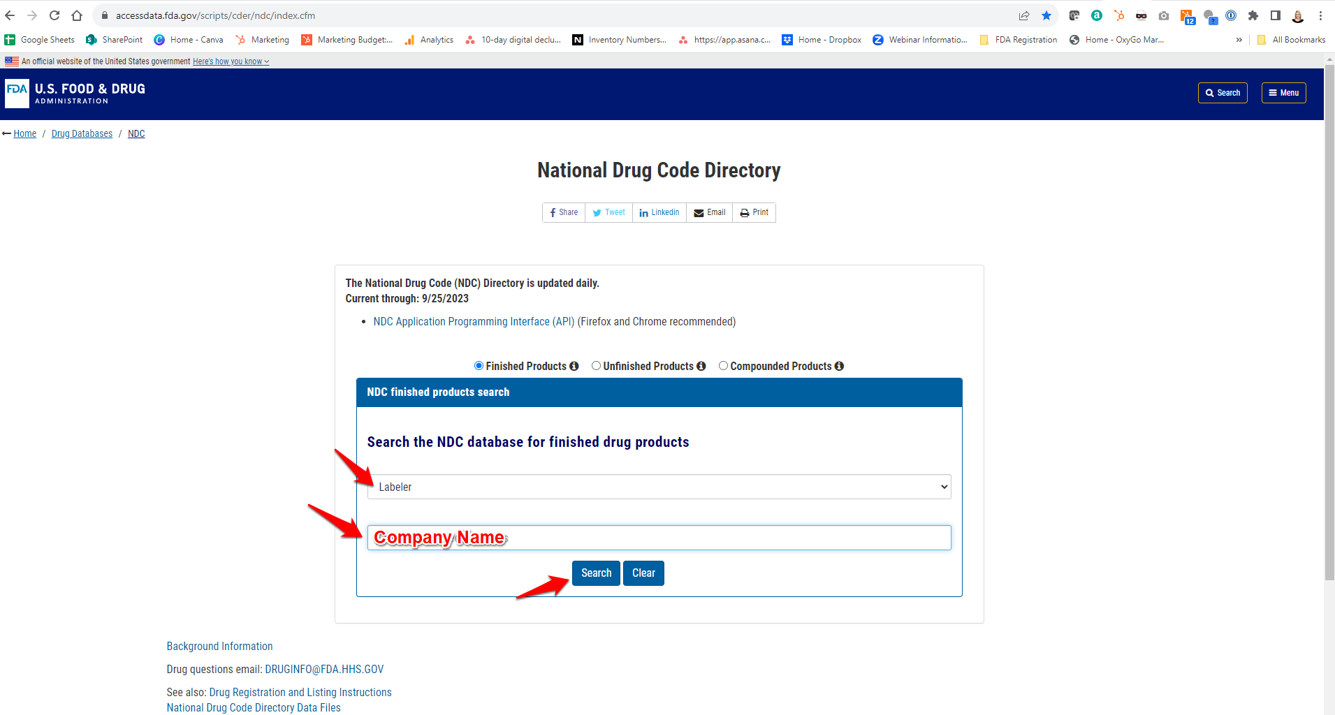 A screen shot of what the FDA registration screen looks like.