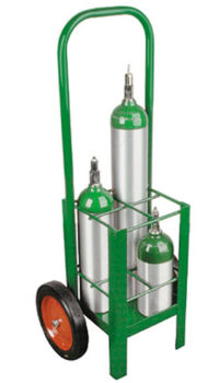 Three different sized oxygen tanks on a cart