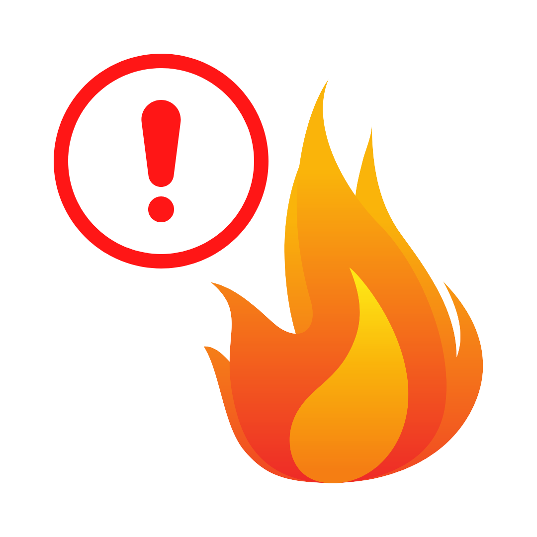 Clip art of a flame with a caution symbol next to it.