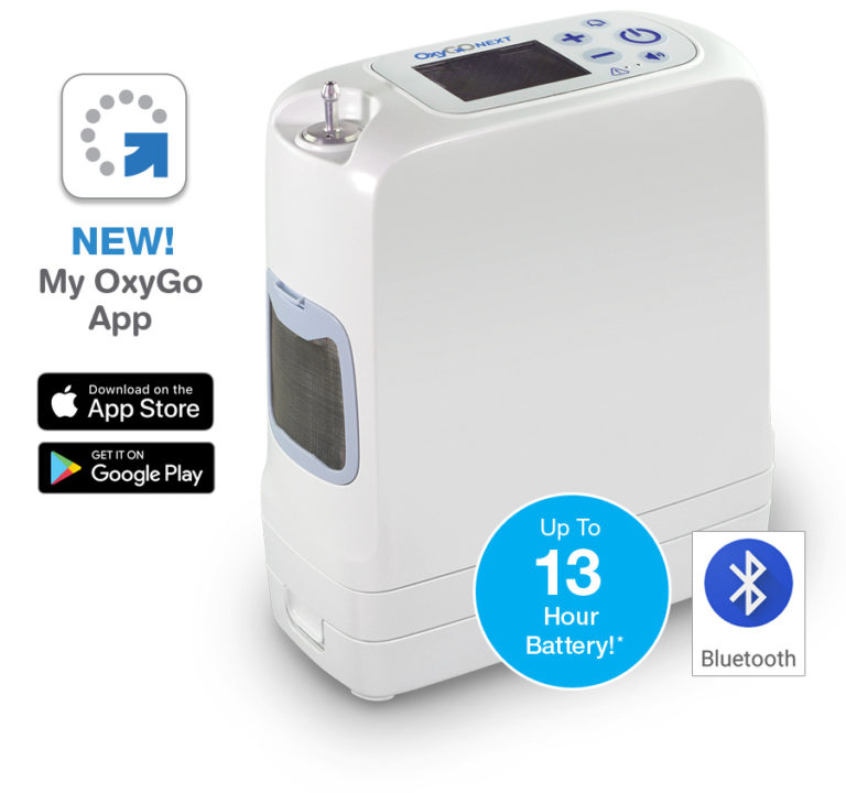 New OxyGo NEXT portable oxygen concentrator with information on how and where to download the mobile app from.