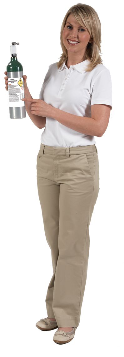 Woman smiling holding an Applied oxygen cylinder.